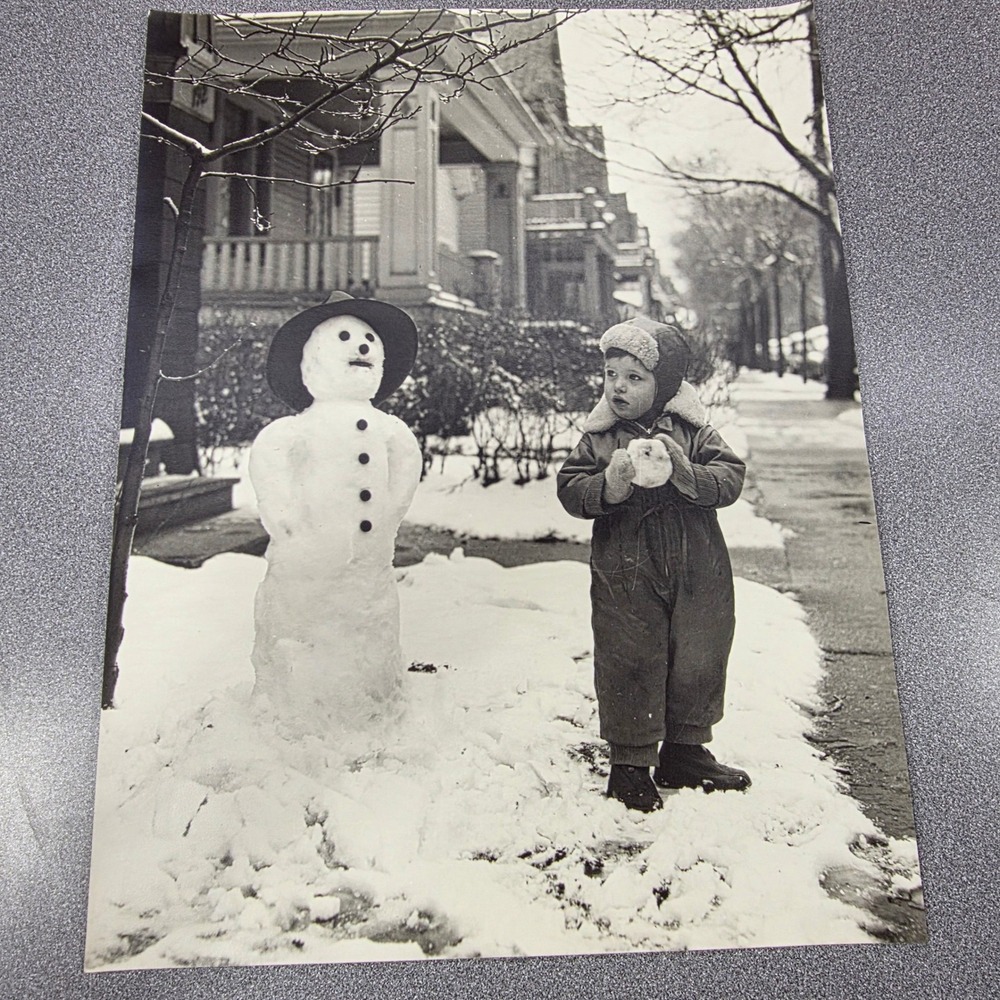 Original 1940's‎ Photo Child Snowman Buffalo NY B&W John J Kowalak Excellent